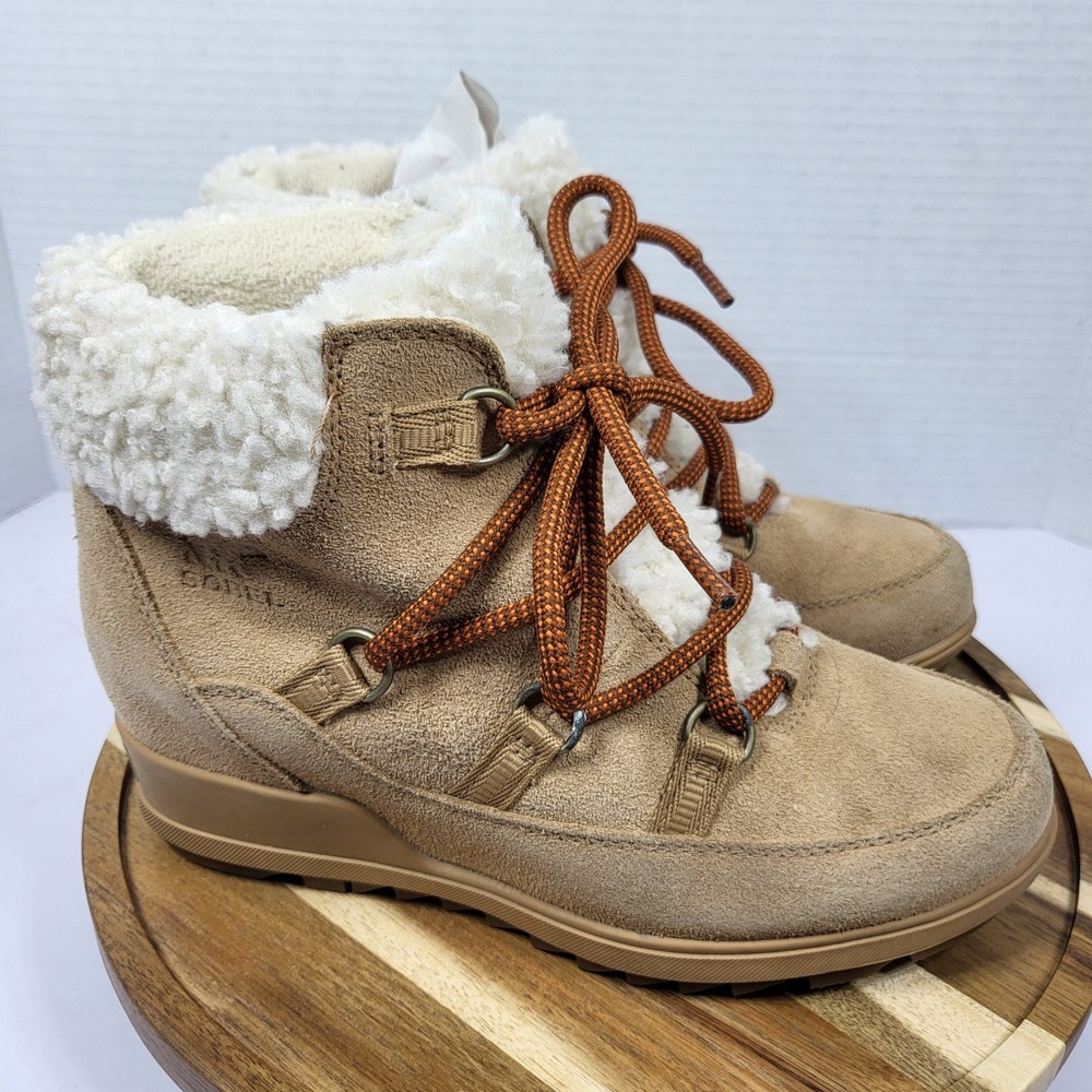 SOREL Women's Evie Cozy Lace Bootie Waterproof Tawny Buff‎ Wedge Size 7
